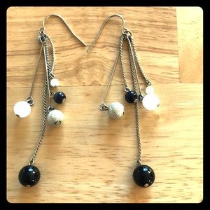 Silver earrings with black, clear & silver beads